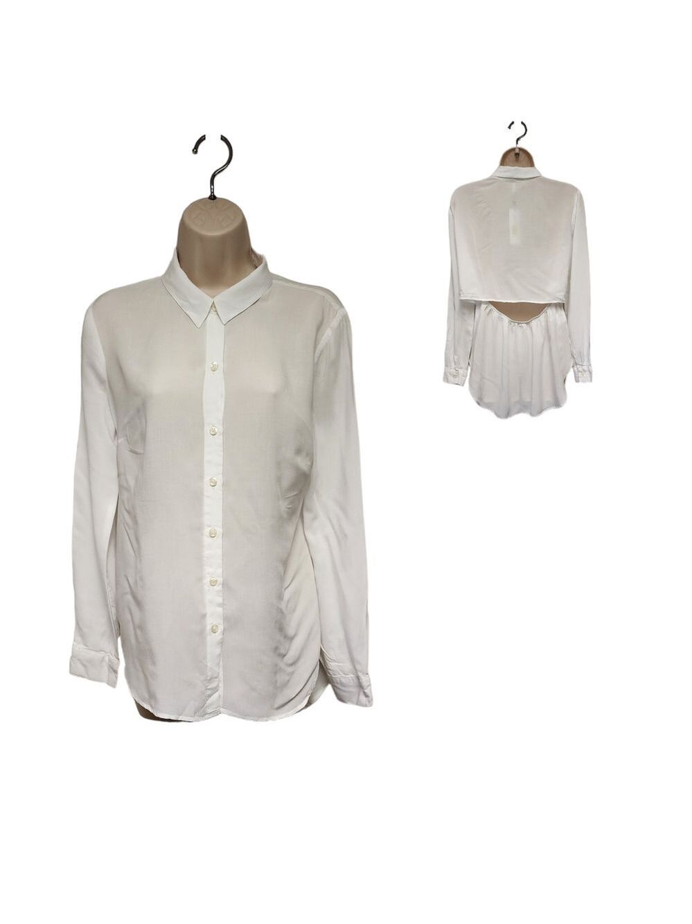 BCBGENERATION OPTIC WHITE LONG SLEEVE CUTOUT BACK BLOUSE SIZE SMALL D